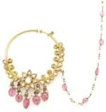 18Kt Yellow Gold Polki Nath With Pearl Chain and Pink Pearl Drops PKN18/1