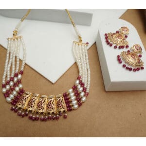 22Kt Gold White and Maroon Pearl Choker With Matching Earrings CK22/25