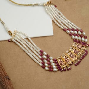 22Kt Gold White and Maroon Pearl Choker With Matching Earrings CK22/25