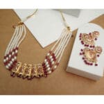 22Kt Gold White and Maroon Pearl Choker With Matching Earrings CK22/25