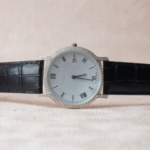 18Kt Gold Diamond Round Dial Men's Watch With Black Leather Strap DW18/24