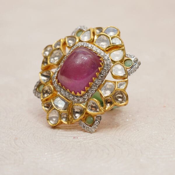 14KT Gold Kundan and Polki Pink Ring PKR14/3