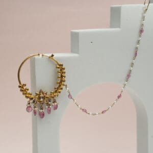 18Kt Yellow Gold Polki Nath With Pearl Chain and Pink Pearl Drops PKN18/1 18Kt Yellow Gold Polki Nath With Pearl Chain and Pink Pearl Drops PKN18/1