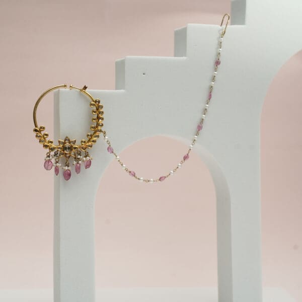 18Kt Yellow Gold Polki Nath With Pearl Chain and Pink Pearl Drops PKN18/1