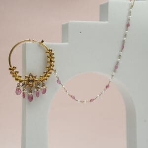 18Kt Yellow Gold Polki Nath With Pearl Chain and Pink Pearl Drops PKN18/1