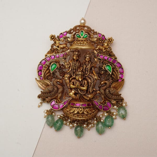 22Kt Gold Temple Pendant with Green Beads LC22/373