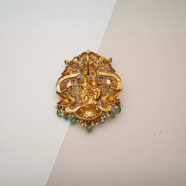 22Kt Gold Temple Pendant with Green Beads LC22/373