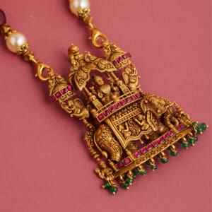 22KT Antique Gold Temple Goddrss Laxmi and Elephant Engaved Pendant with Ruby Accents LC22/375
