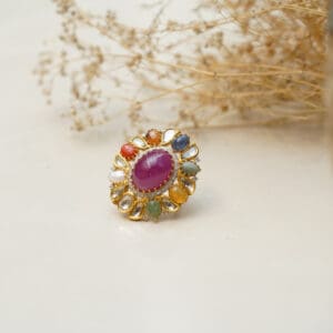 18kt Gold Polki Kundan Navratna Ring PKR18/15
