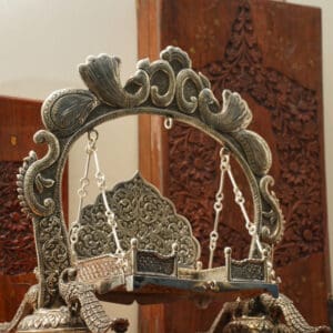 Antique 925 Silver Jhula for Laddu Gopal Featuring Elegant Peacock Carvings JLSS/24