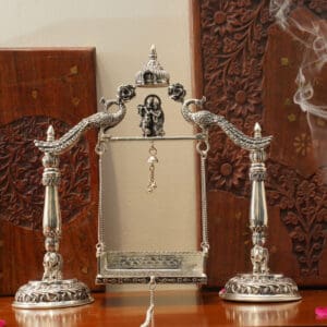 Antique 925 Silver Jhula for Laddu Gopal & Radha Krishna - Peacock Engraved Divine Swing JLSS/29