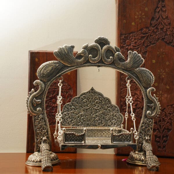 Antique 925 Silver Jhula for Laddu Gopal Featuring Elegant Peacock Carvings JLSS/24