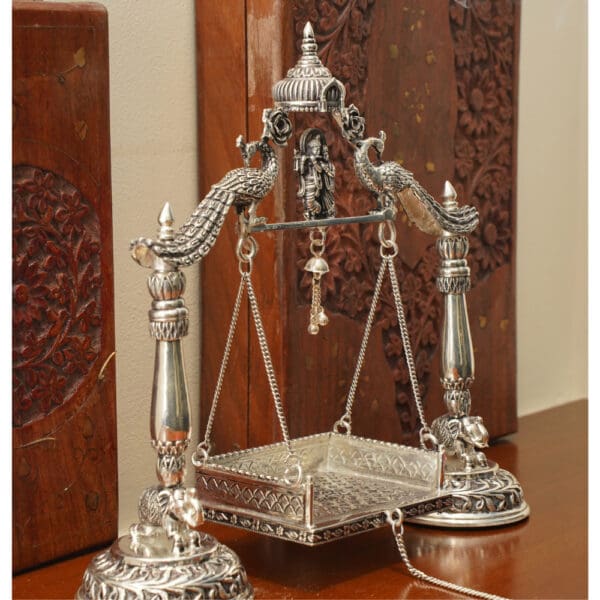 Antique 925 Silver Jhula for Laddu Gopal & Radha Krishna - Peacock Engraved Divine Swing JLSS/29
