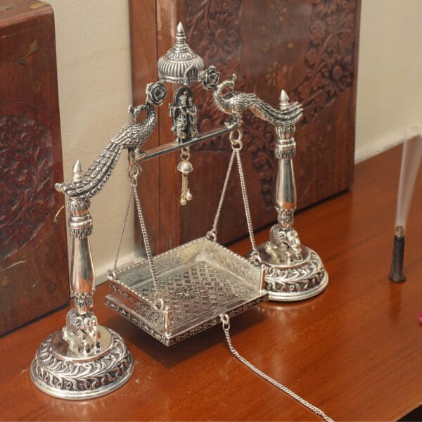 Antique 925 Silver Jhula for Laddu Gopal & Radha Krishna - Peacock Engraved Divine Swing JLSS/29