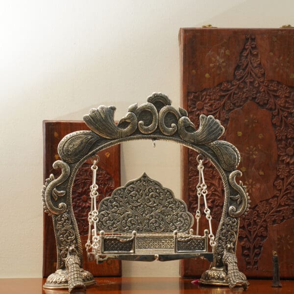 Antique 925 Silver Jhula for Laddu Gopal Featuring Elegant Peacock Carvings JLSS/24