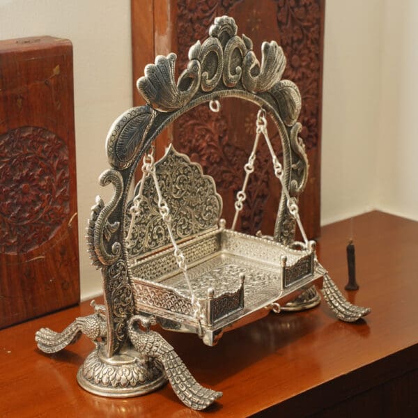Antique 925 Silver Jhula for Laddu Gopal Featuring Elegant Peacock Carvings JLSS/24