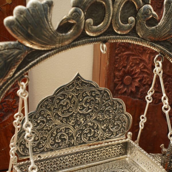 Antique 925 Silver Jhula for Laddu Gopal Featuring Elegant Peacock Carvings JLSS/24