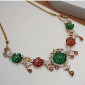 18Kt Gold Diamond Pink and Green Stone Necklace With Earrings DST/67