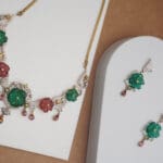 18Kt Gold Diamond Pink and Green Stone Necklace With Earrings DST/67 18Kt Gold Diamond Pink and Green Stone Necklace With Earrings DST/67