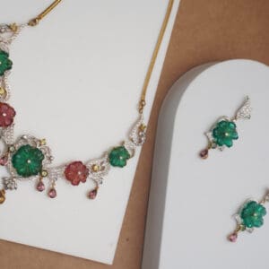 18Kt Gold Diamond Pink and Green Stone Necklace With Earrings DST/67