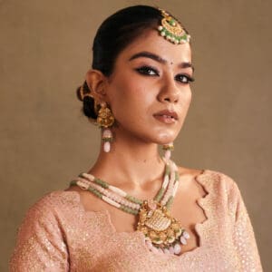 22Kt Gold Polki & Gemstone Beaded Layer Haar with Matching Earrings – Perfect for Weddings PS22/238