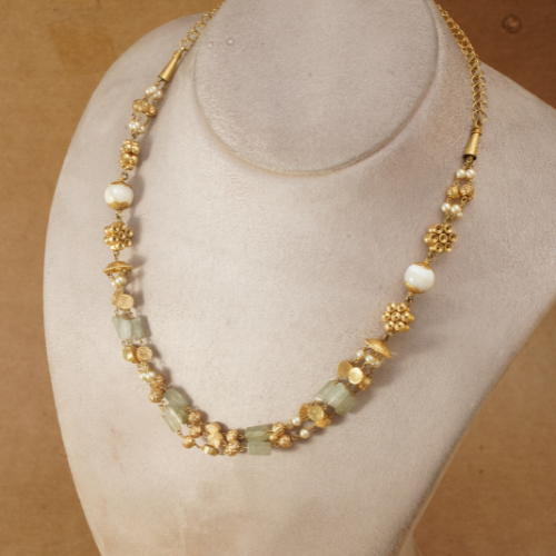 22Kt Gold Three Layer Light Green Gemstone Necklace with Matching Earrings ST22/1224 22Kt Gold Three Layer Light Green Gemstone Necklace with Matching Earrings ST22/1224