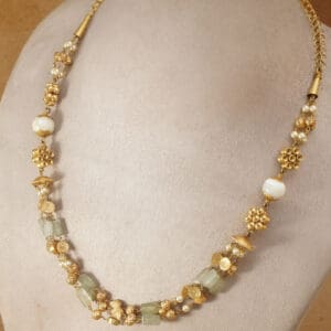 22Kt Gold Three Layer Light Green Gemstone Necklace with Matching Earrings ST22/1224