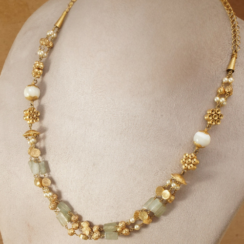 22Kt Gold Three Layer Light Green Gemstone Necklace with Matching Earrings ST22/1224 22Kt Gold Three Layer Light Green Gemstone Necklace with Matching Earrings ST22/1224