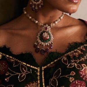 14Kt Gold Kundan Polki Pearl Green And Pink Necklace DLC14/180