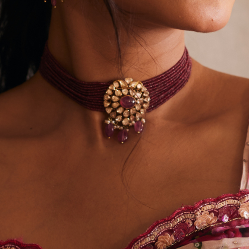 18Kt Gold Polki and Ruby Choker with Layered Ruby Beads & Matching Earrings PKCS8/5 18Kt Gold Polki and Ruby Choker with Layered Ruby Beads & Matching Earrings PKCS8/5