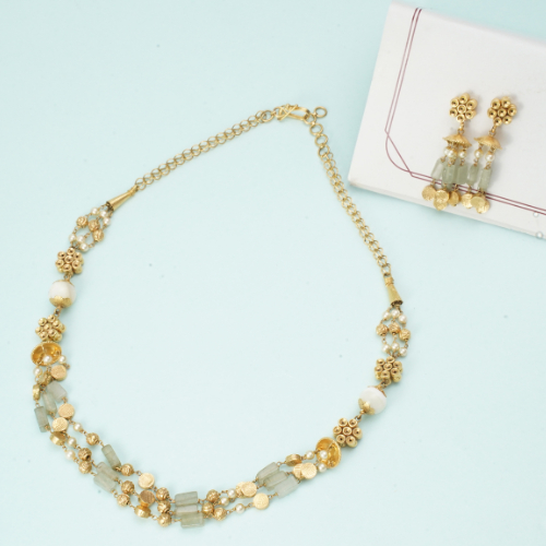 22Kt Gold Three Layer Light Green Gemstone Necklace with Matching Earrings ST22/1224 22Kt Gold Three Layer Light Green Gemstone Necklace with Matching Earrings ST22/1224