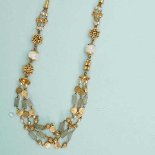 22Kt Gold Three Layer Light Green Gemstone Necklace with Matching Earrings ST22/1224 22Kt Gold Three Layer Light Green Gemstone Necklace with Matching Earrings ST22/1224