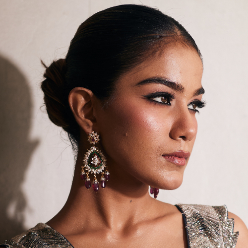 Elegant 14Kt Gold Pink & Green Stone and Pearl Earrings DER14/28 Elegant 14Kt Gold Pink & Green Stone and Pearl Earrings DER14/28