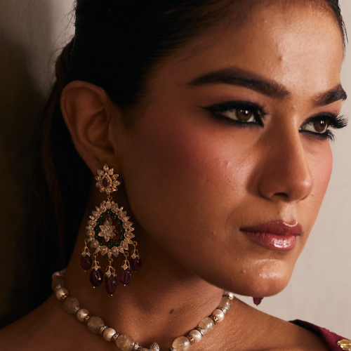 Elegant 14Kt Gold Pink & Green Stone and Pearl Earrings DER14/28 Elegant 14Kt Gold Pink & Green Stone and Pearl Earrings DER14/28