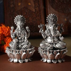 925 Sterling Silver Laxmi Ganesha Statues Matte Antique Finish Diwali Pooja & Gifting MRTSS/393