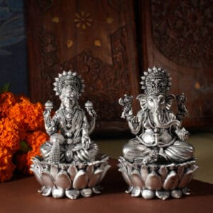 925 Sterling Silver Laxmi Ganesha Statues Matte Antique Finish Diwali Pooja & Gifting MRTSS/393
