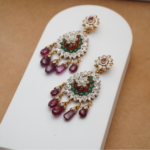 Elegant 14Kt Gold Pink & Green Stone and Pearl Earrings DER14/28 Elegant 14Kt Gold Pink & Green Stone and Pearl Earrings DER14/28