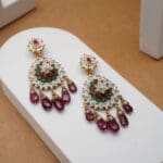 Elegant 14Kt Gold Pink & Green Stone and Pearl Earrings DER14/28 Elegant 14Kt Gold Pink & Green Stone and Pearl Earrings DER14/28