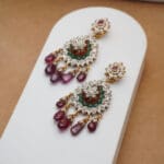 Elegant 14Kt Gold Pink & Green Stone and Pearl Earrings DER14/28 Elegant 14Kt Gold Pink & Green Stone and Pearl Earrings DER14/28