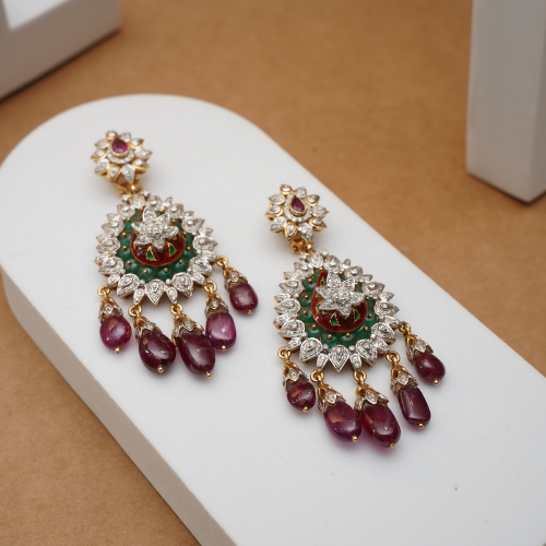 Elegant 14Kt Gold Pink & Green Stone and Pearl Earrings DER14/28 Elegant 14Kt Gold Pink & Green Stone and Pearl Earrings DER14/28