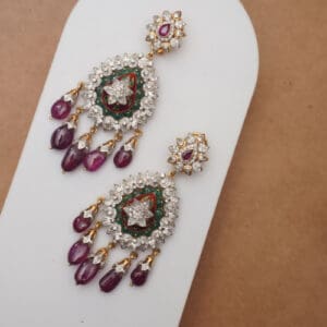 Elegant 14Kt Gold Pink & Green Stone and Pearl Earrings DER14/28