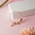 18Kt Gold Bridal Floral Nath with Red & Clear Stones and Pearl Drop Loops NT18/128