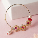 18Kt Gold Bridal Floral Nath with Red & Clear Stones and Pearl Drop Loops NT18/128