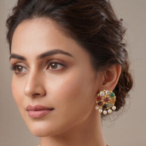POL18Kt Gold Navratna Polki Kundan Pearl Stud Earrings – Elegant Ethnic Tops PKE18/104
