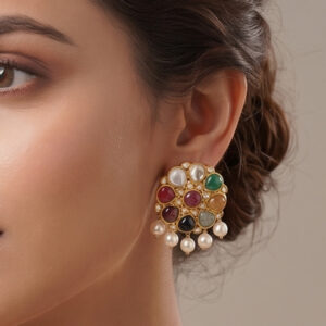 POL18Kt Gold Navratna Polki Kundan Pearl Stud Earrings – Elegant Ethnic Tops PKE18/104