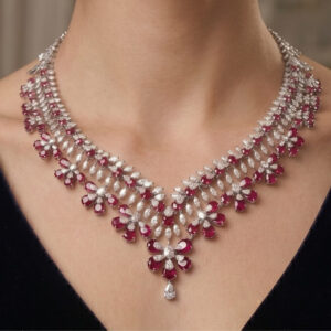 18Kt Gold Diamond Necklace with Pink Stones – DNK/230