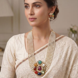 18Kt Gold Polki Kundan Pearl Navratna Long Haar Necklace PNK18/14